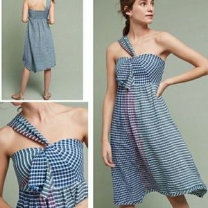 NWT Maeve Anthropologie Waverly One Shoulder Plaid Ruffle Dress Size 12 Blue